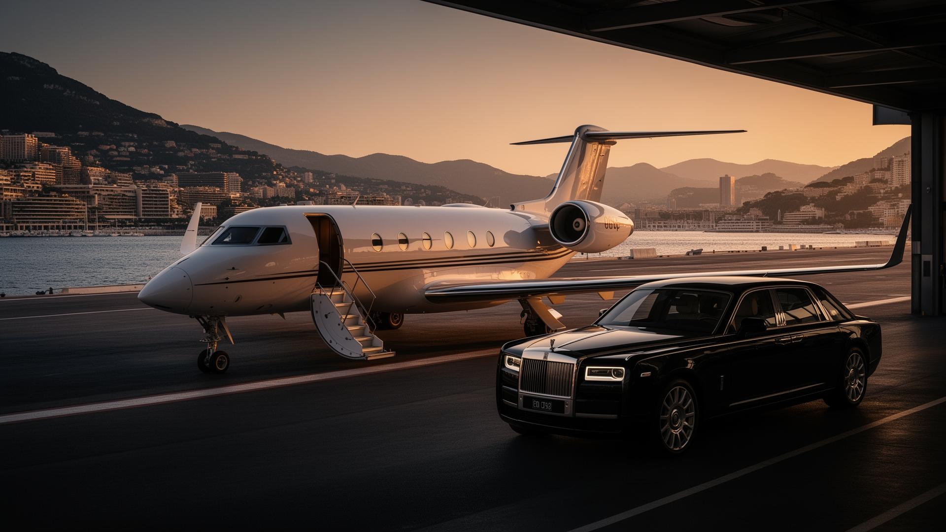 Private jet and Rolls-Royce on a Monaco tarmac at dusk